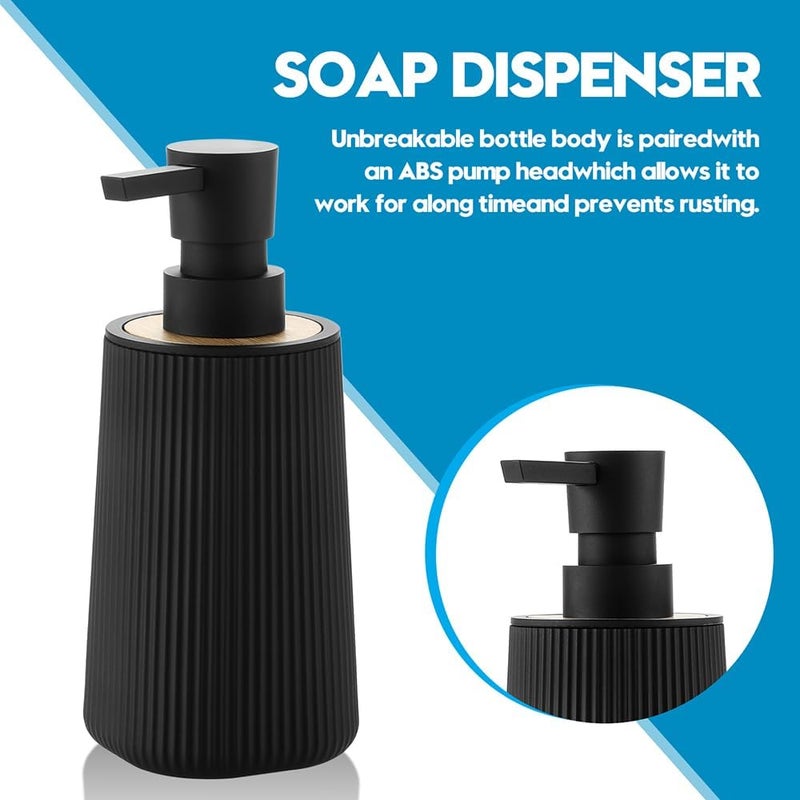 YAUKPH Small Soap Dispenser for Bathroom and Kitchen, Modern Farmhouse Striped Style Plastic Hand Soap Dish Soap Dispenser with Bamboo Decor Black - Image 4